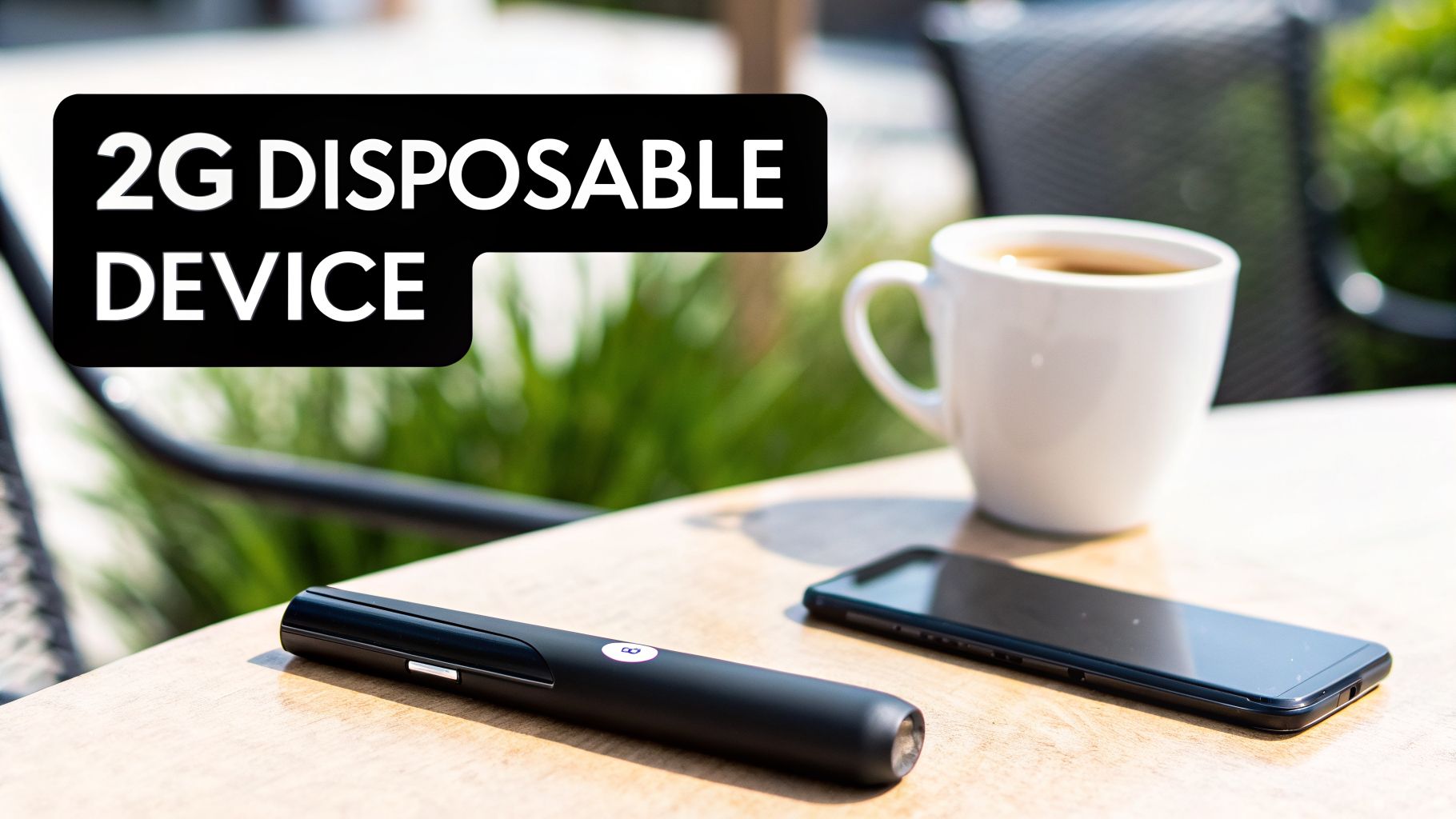 A black 2G disposable vape device, white coffee cup, and smartphone on an outdoor table.