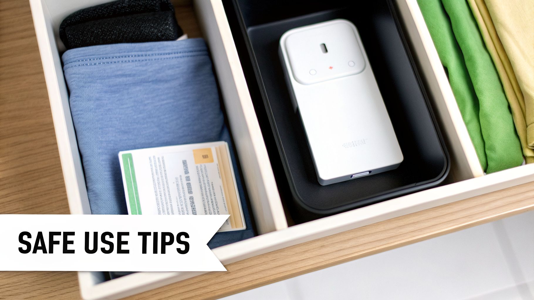 An open drawer reveals organized items including blue fabric, a smart device, and a manual, with a 'SAFE USE TIPS' banner.