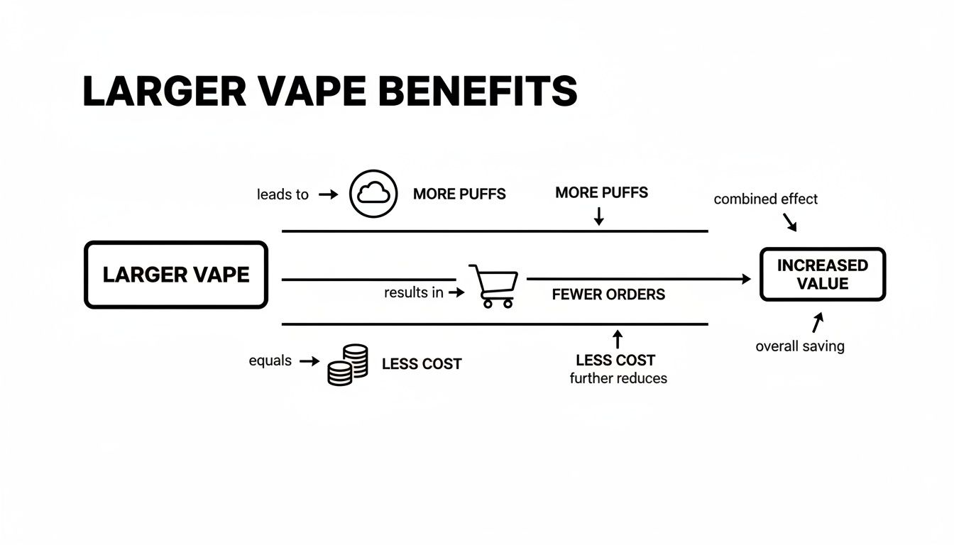 A flowchart titled 'Larger Vape Benefits' showing how a larger vape leads to more puffs, less cost, fewer orders, and ultimately increased value.