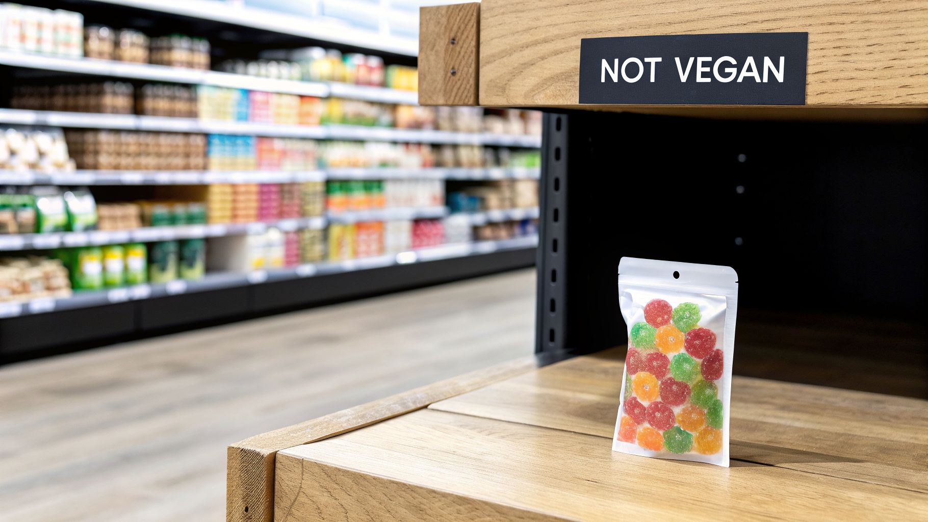 A bag of colorful gummy candies sits on a wooden shelf under a 'NOT VEGAN' sign in a store.