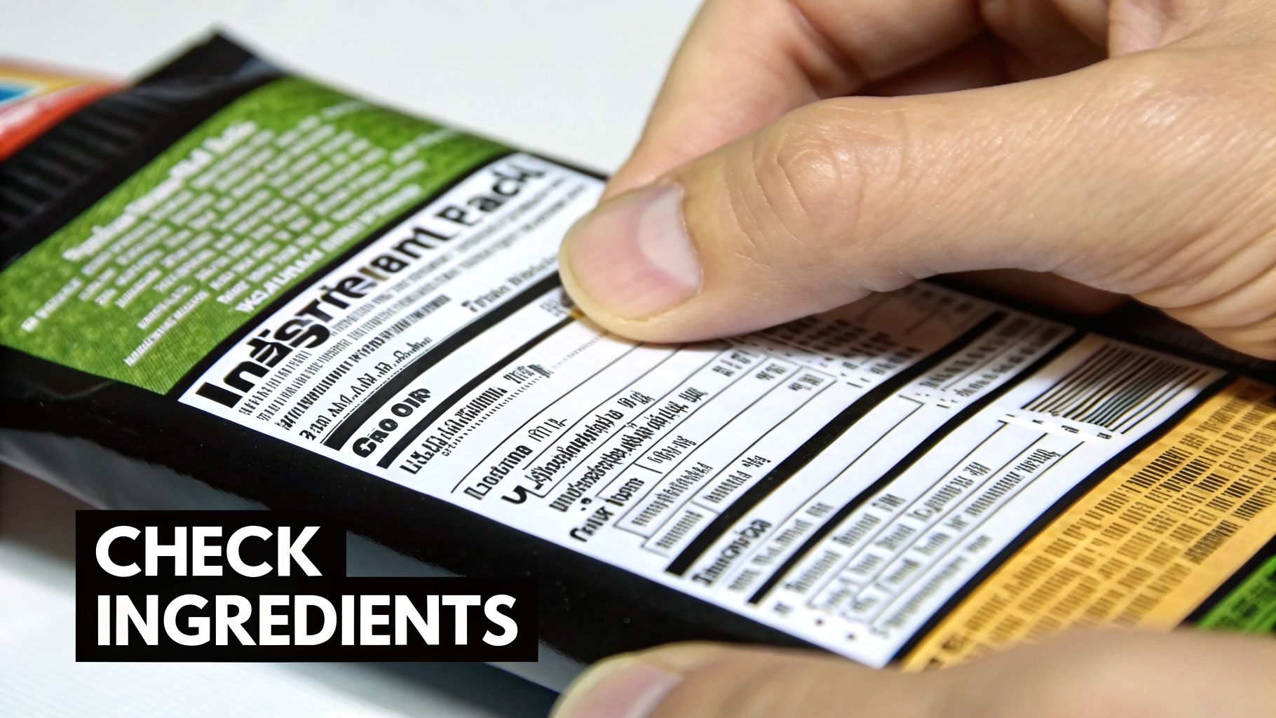 A hand holds a food package, pointing to the nutrition label with text 'CHECK INGREDIENTS'.