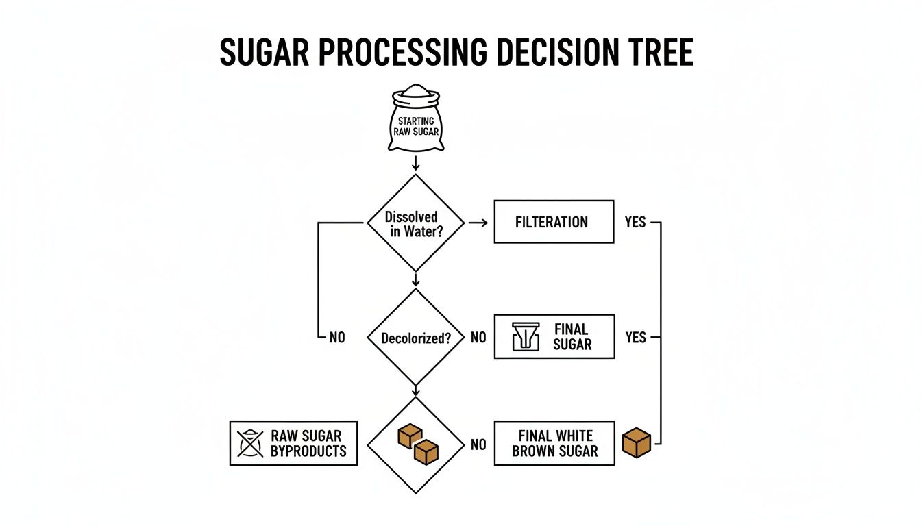 A flowchart illustrating the decision tree for sugar processing, from raw sugar to final products.