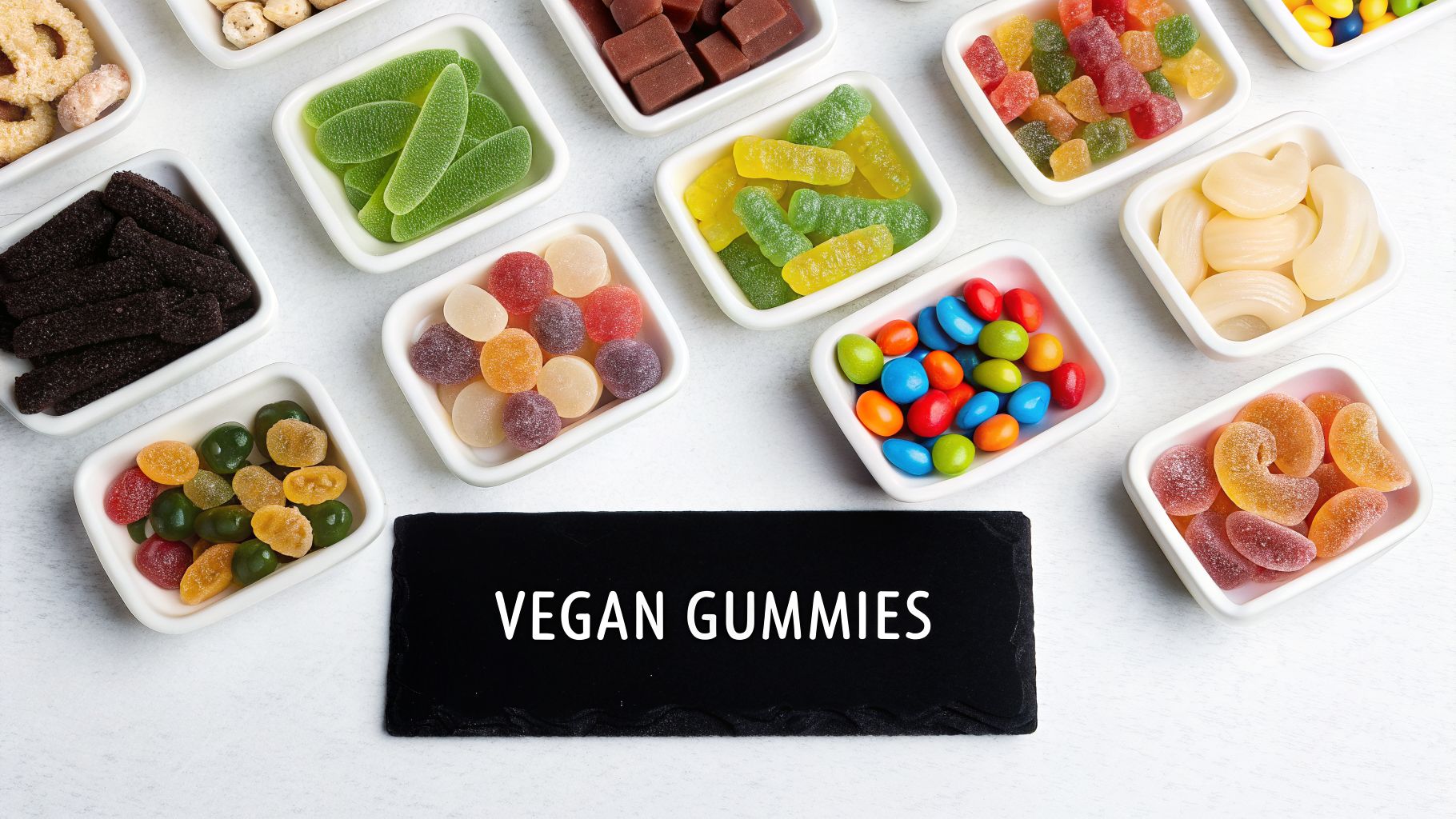 Assortment of vibrant vegan gummies and candies in white bowls, featuring a black slate with 'VEGAN GUMMIES'.