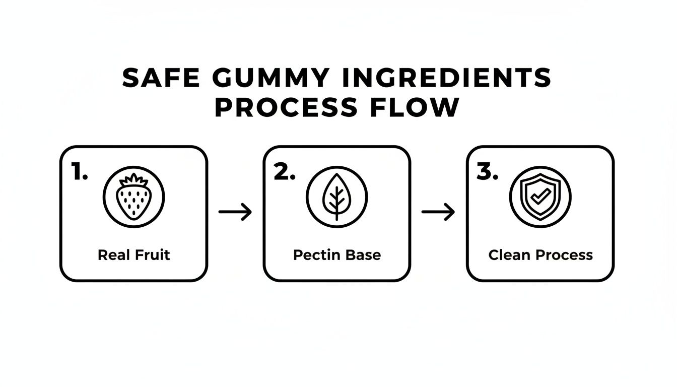 A process flow showing safe gummy ingredients: real fruit, pectin base, and a clean manufacturing process.