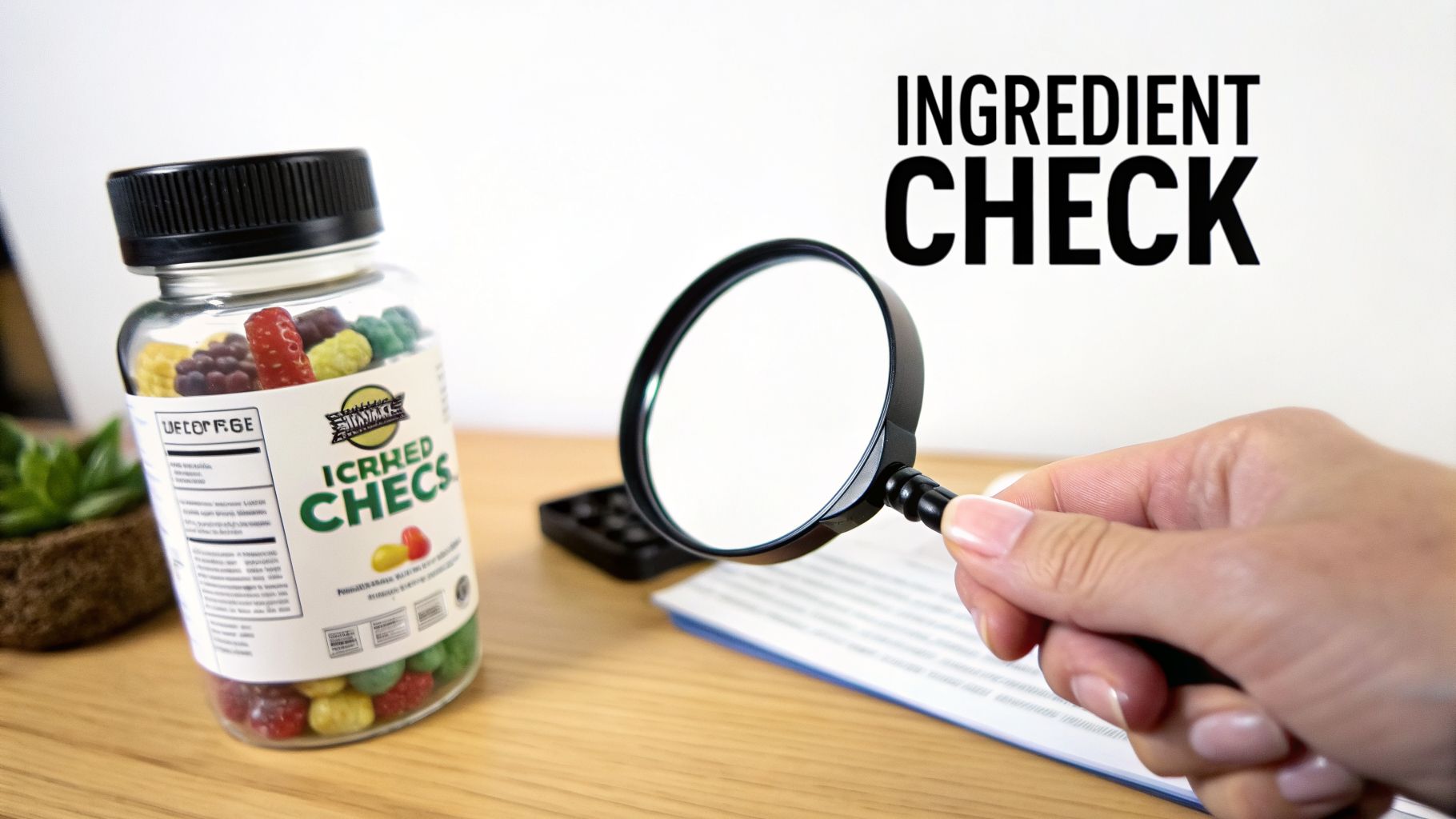 A magnifying glass inspects a bottle of multi-colored gummy candies, with "INGREDIENT CHECK" on the wall.