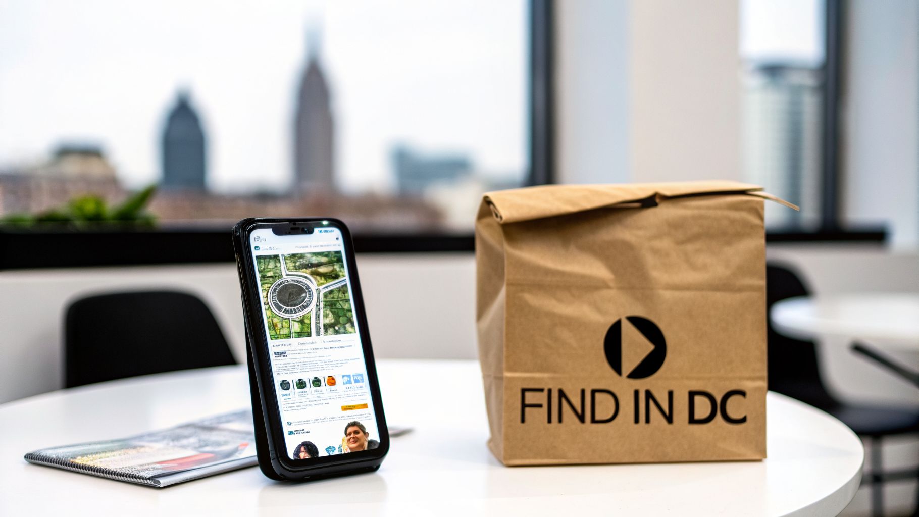 A smartphone displays a map and web content next to a 'FIND IN DC' paper bag on a desk.
