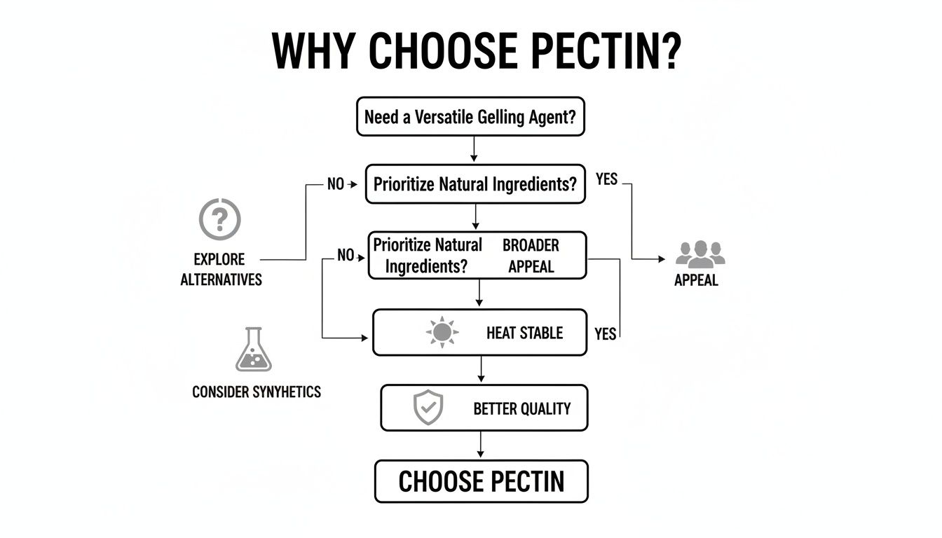 Flowchart explaining reasons to choose pectin as a gelling agent, highlighting natural ingredients, heat stability, and quality.