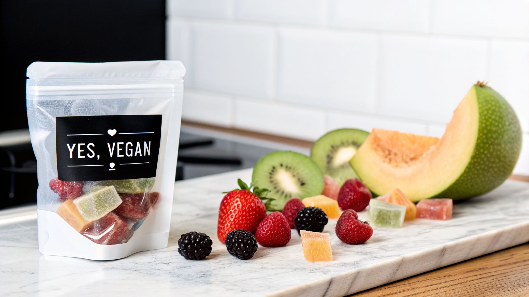 A clear bag of vegan fruit gummies labeled 'YES, VEGAN' next to fresh berries, kiwi, and melon.