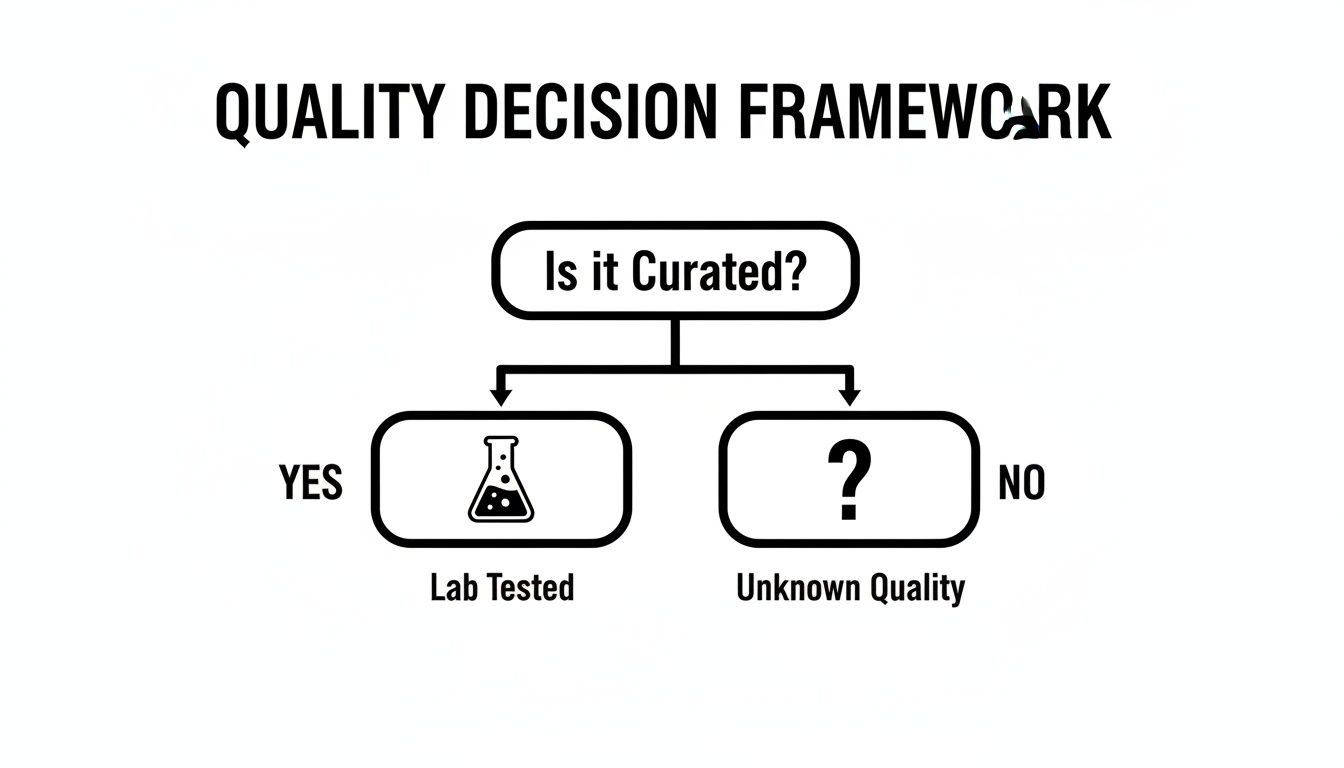 A quality decision framework flowchart asking 'Is it Curated?' leading to 'Lab Tested' or 'Unknown Quality'.