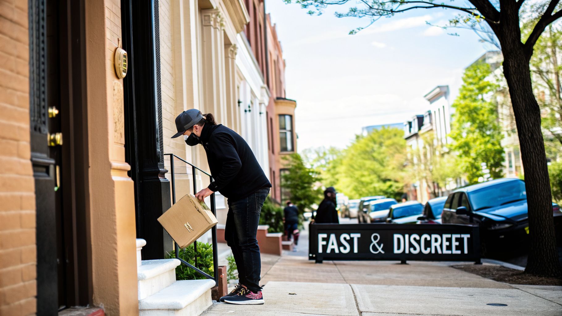A masked delivery person places a brown package on the steps of a residential building on a sunny day.