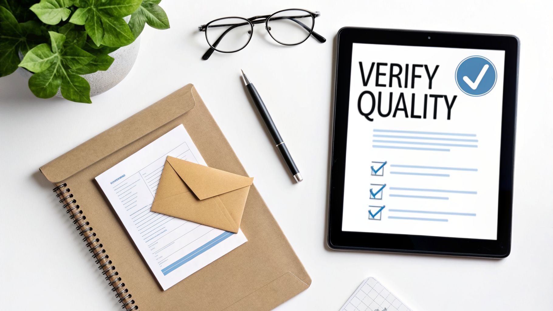 Flat lay of a desk with a plant, glasses, pen, notebook, and tablet displaying 'Verify Quality'.