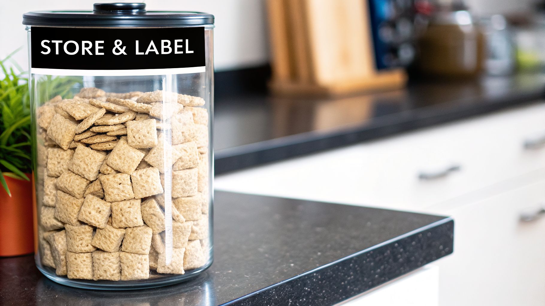 A clear glass jar filled with square cereal pieces, labeled 'STORE & LABEL', on a kitchen counter.