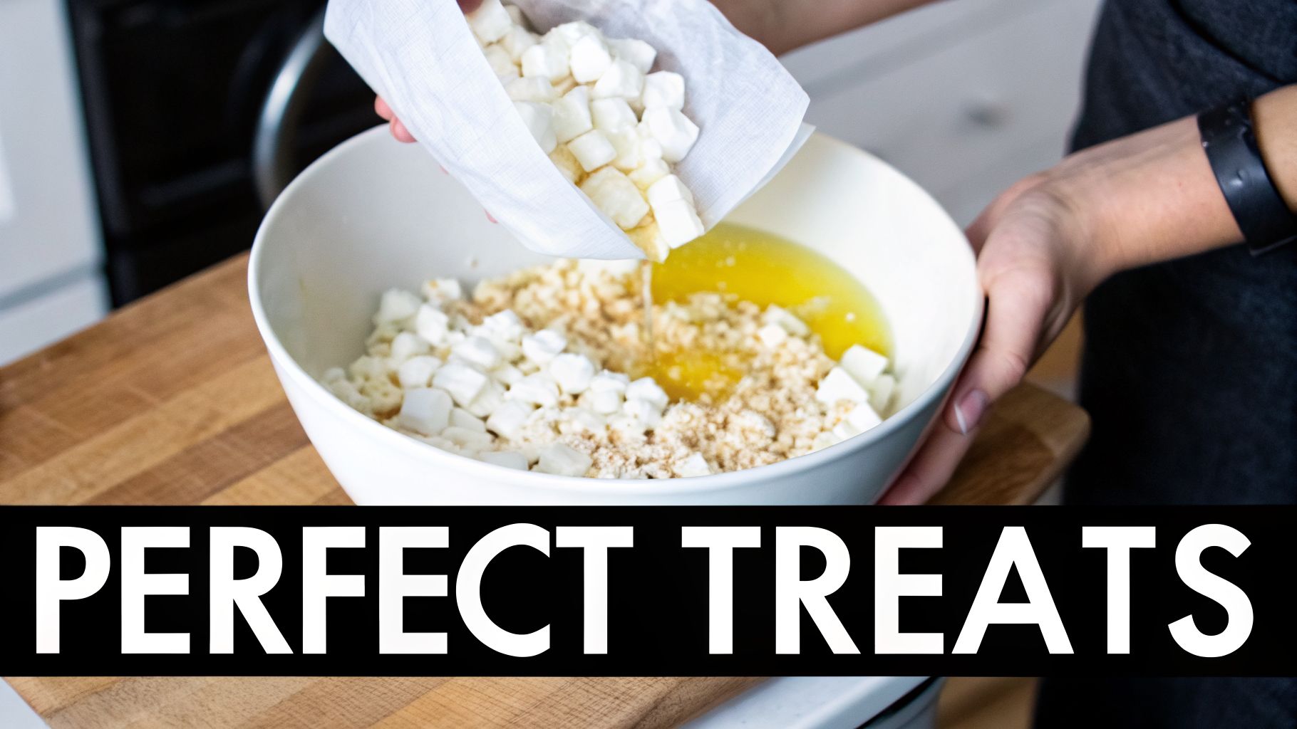 Hands pour white marshmallows into a bowl containing melted butter and brown sugar for making treats.