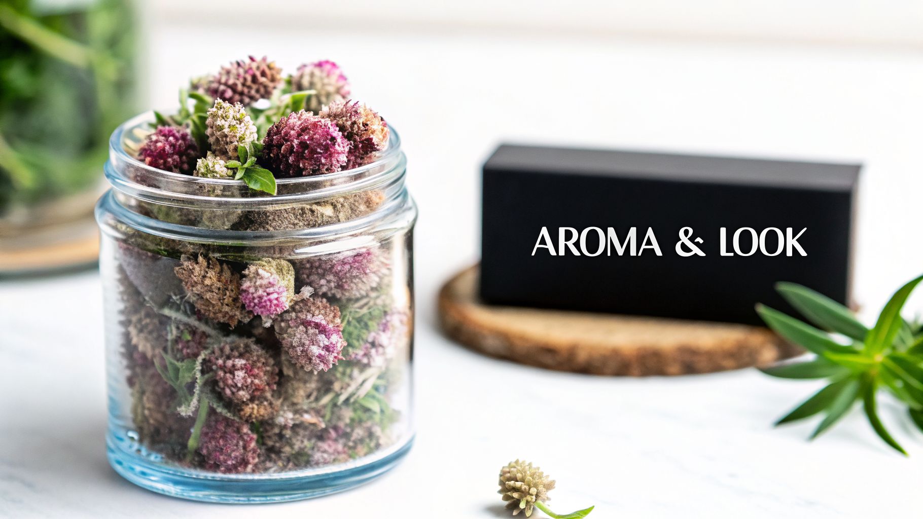A glass jar filled with dried pink and purple flowers, next to a black box labeled AROMA & LOOK.