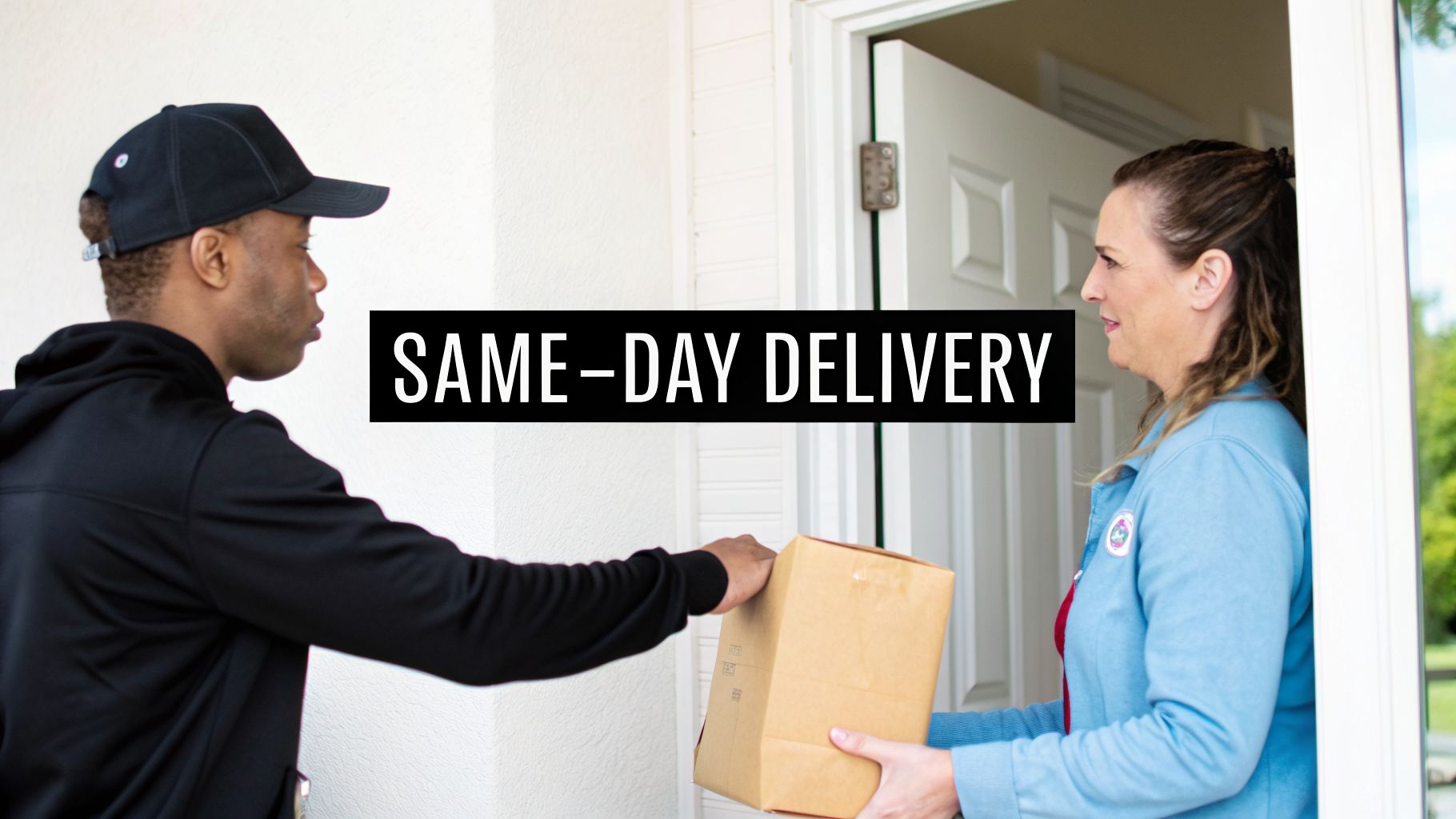 A delivery driver hands a package to a customer at a door, with 'SAME-DAY DELIVERY' text.