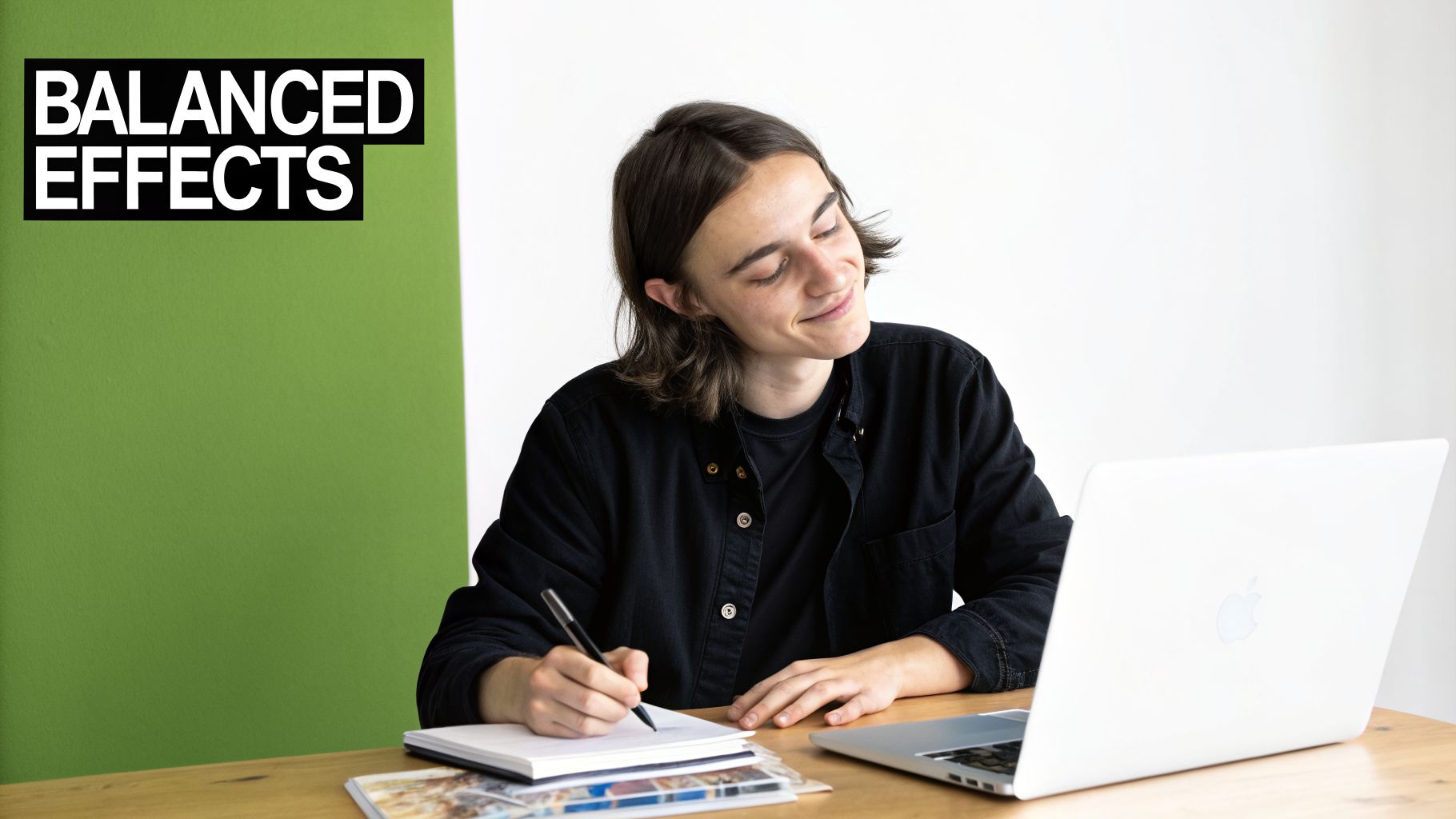 A young person smiles while writing in a notebook at a desk with a laptop.
