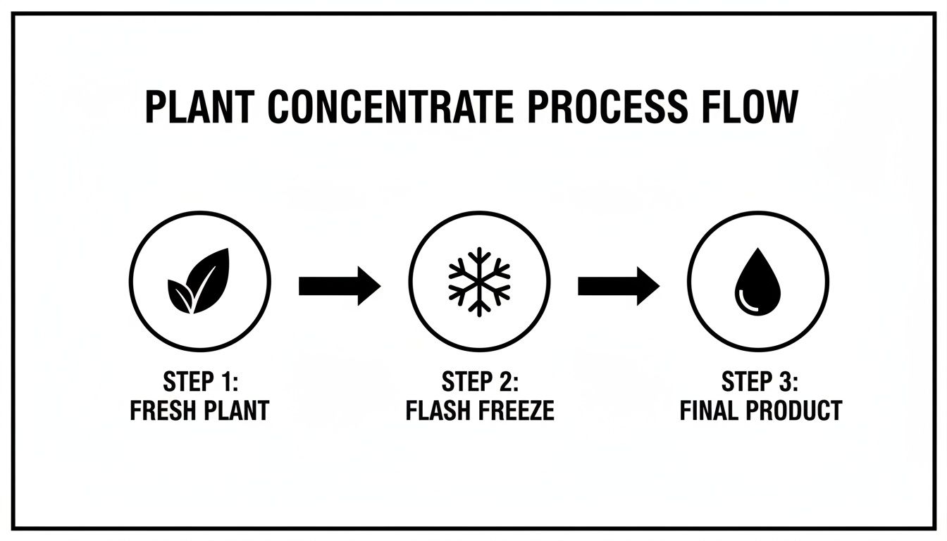 Flow diagram illustrating the three-step plant concentrate process: fresh plant, flash freeze, and final product.