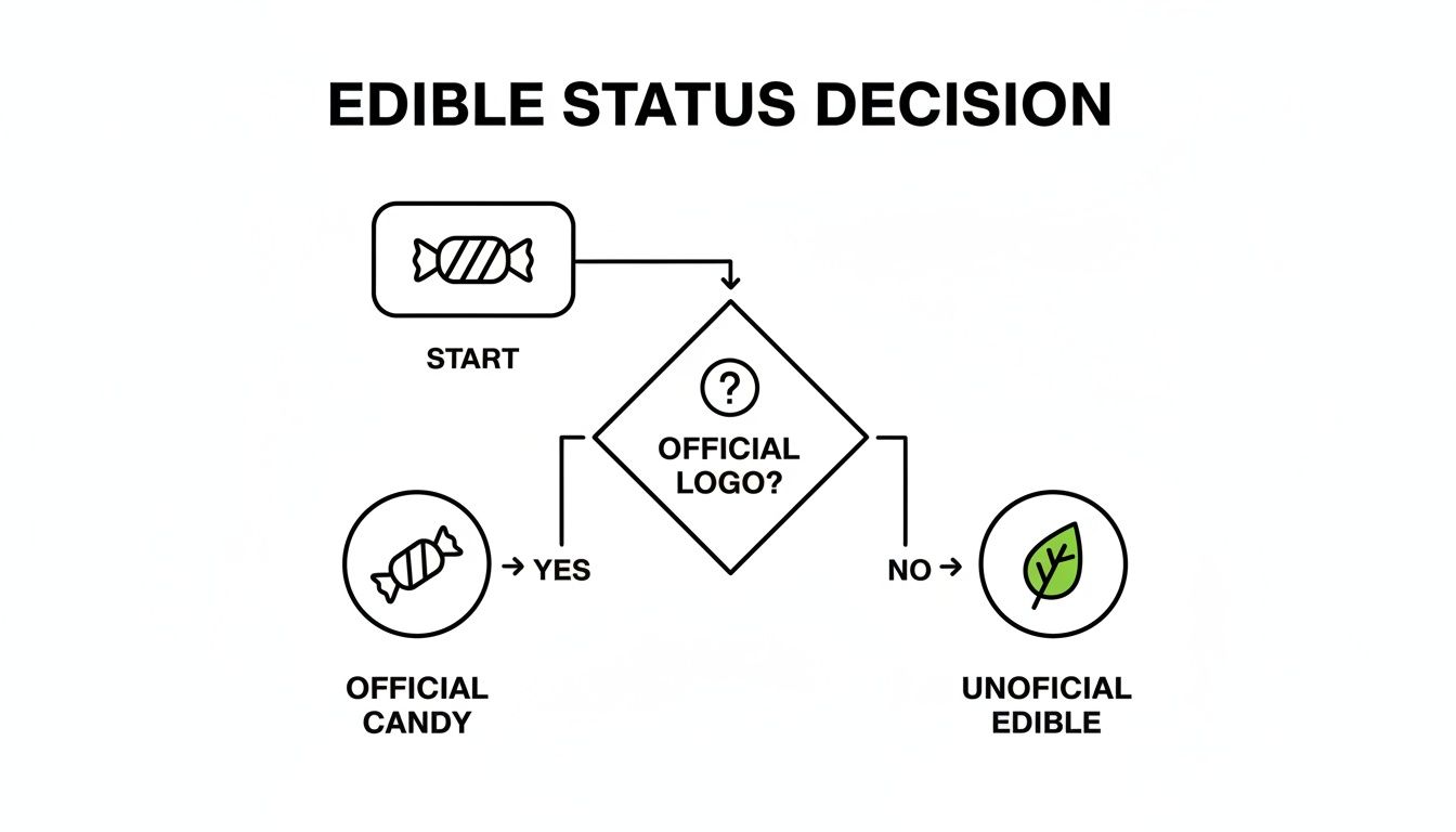A flowchart titled 'Edible Status Decision' determining if an item is 'Official Candy' or 'Unofficial Edible'.