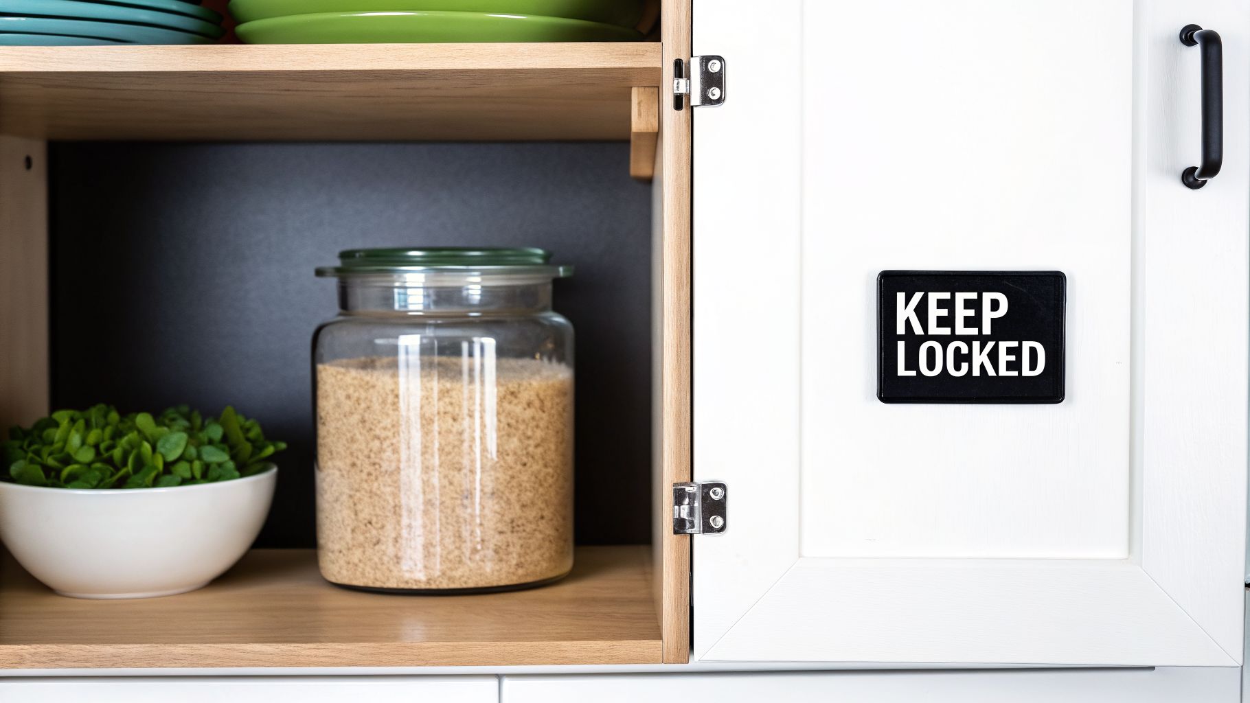 An open cabinet reveals a bowl of green leaves and a sugar jar next to a white door with a 'KEEP LOCKED' sign.