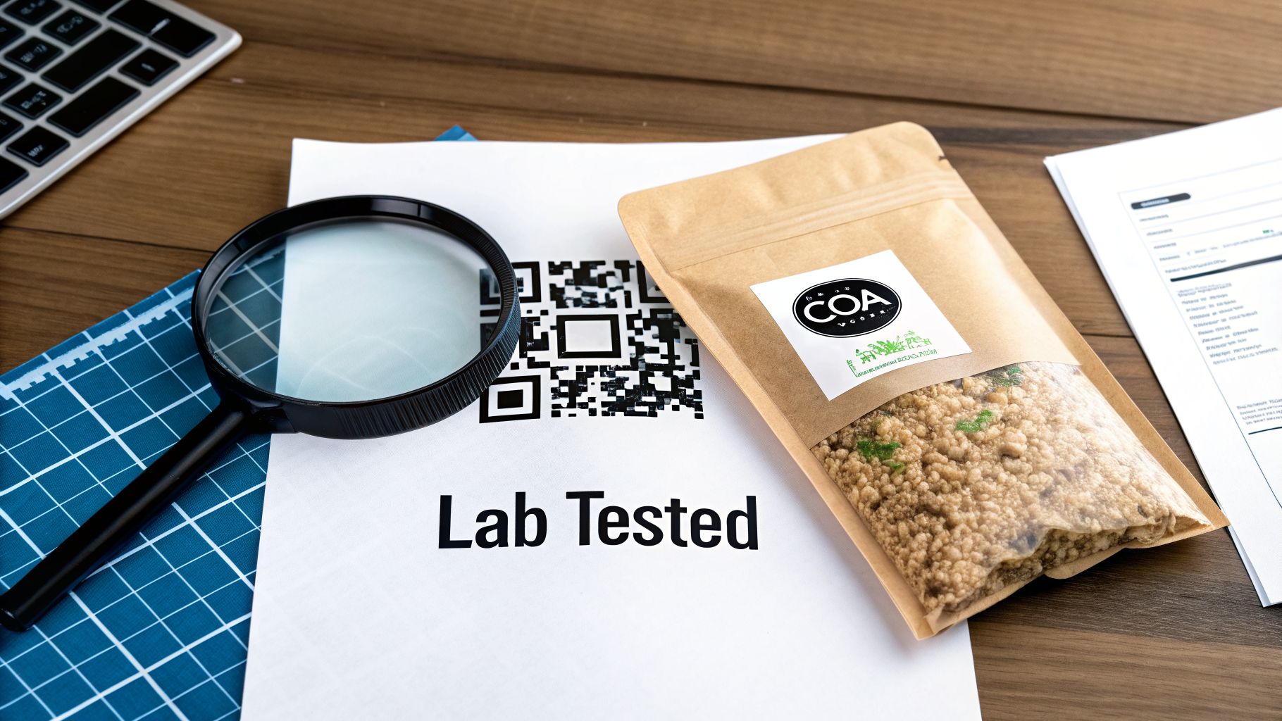 A bag of COA-branded product sits next to a 'Lab Tested' document with a QR code and magnifying glass.
