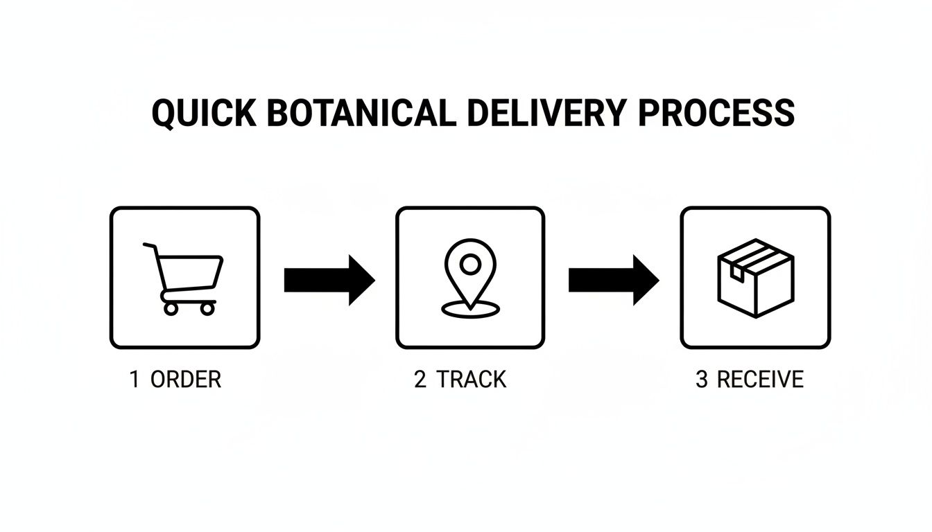 Infographic showing a quick botanical delivery process: 1 Order, 2 Track, 3 Receive, with relevant icons.