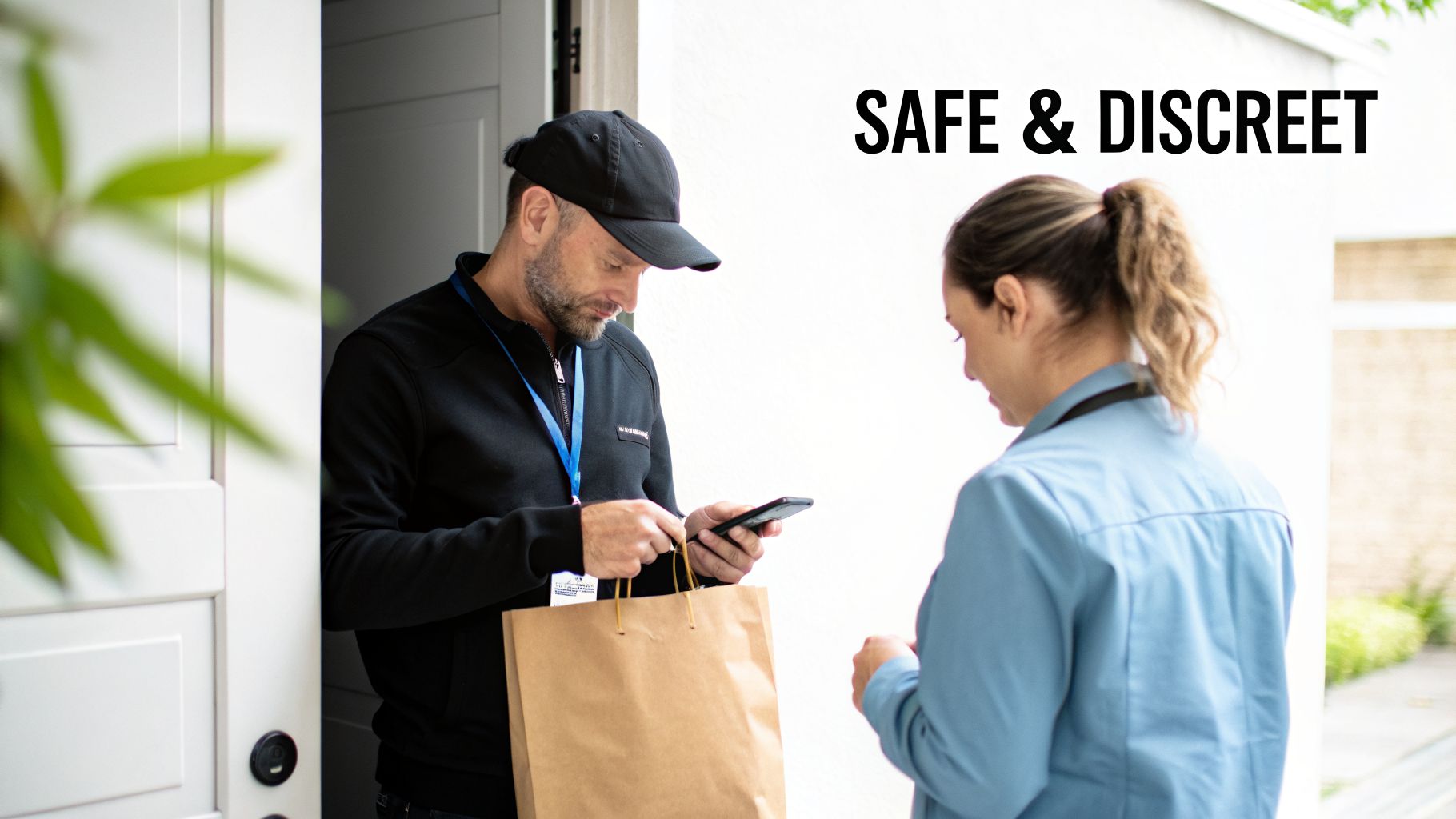A delivery person checks a phone while handing a discreet package in a brown bag to a customer.