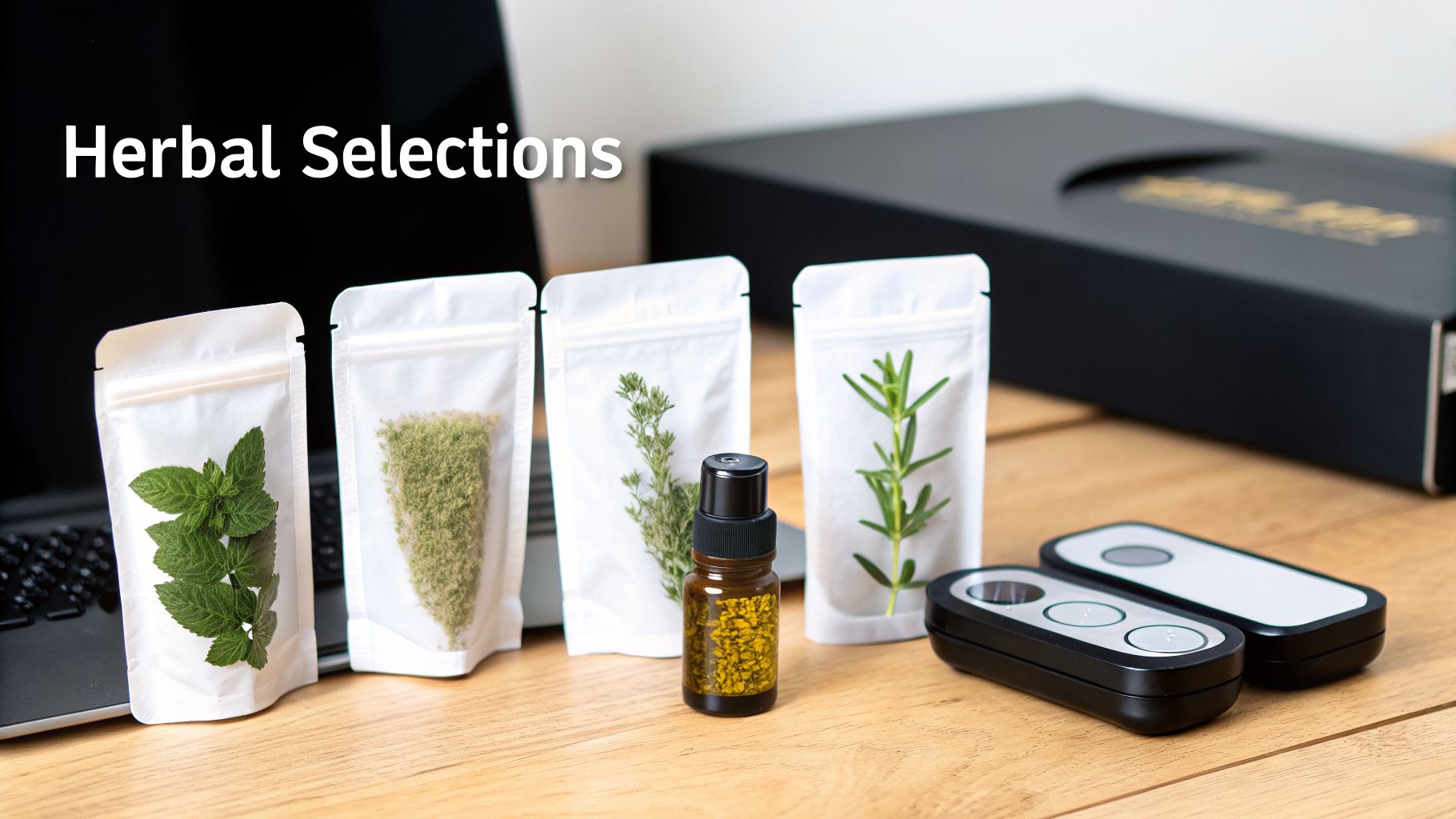 Assorted fresh and dried herbs in white pouches, an essential oil, and devices for natural herbal selections.