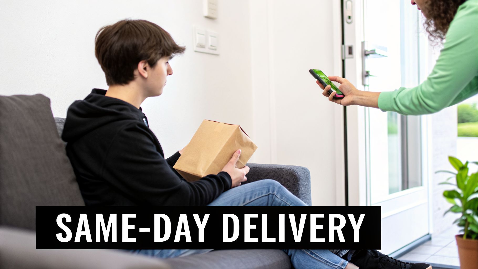 A young person on a couch receives a brown paper bag from a delivery driver holding a smartphone for same-day delivery.