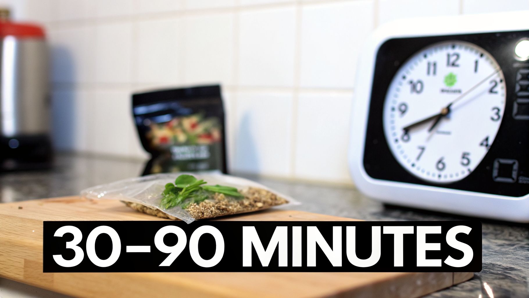 A small clear bag with herbs and greens on a wooden board, with a clock and '30-90 MINUTES' text.