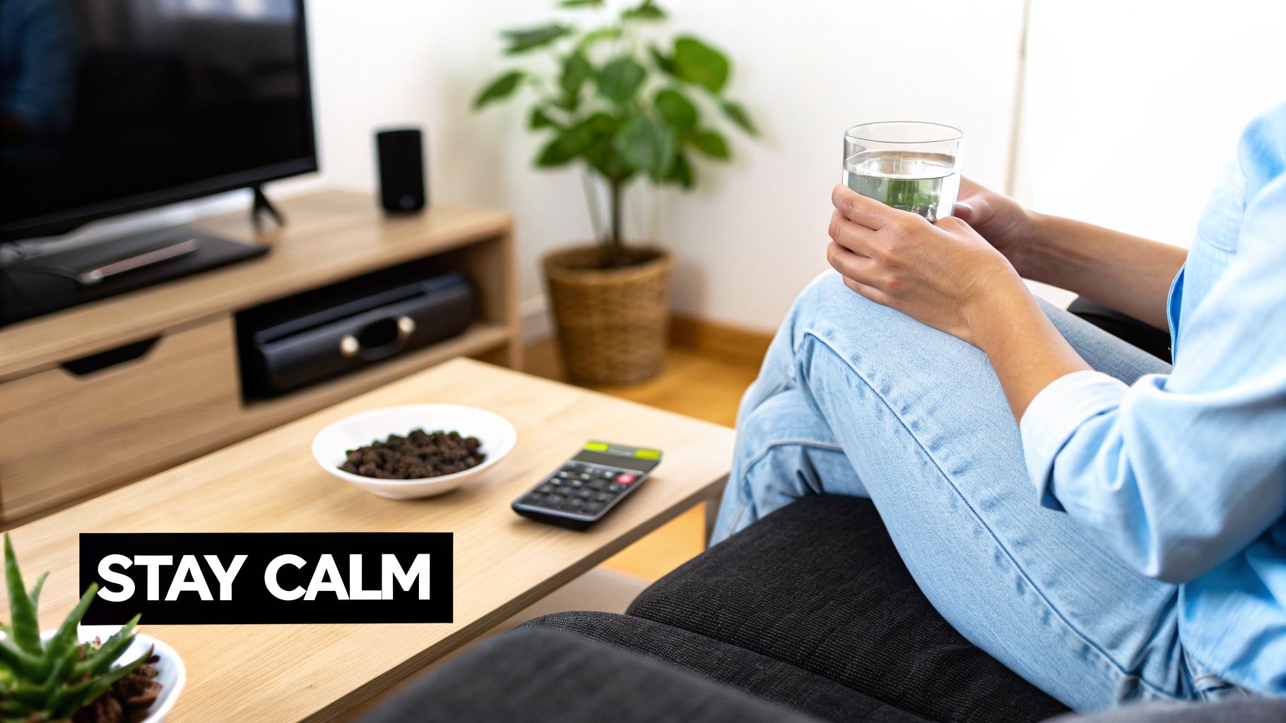Person on a sofa holding water, with snacks, a calculator, and 'STAY CALM' text on a coffee table.