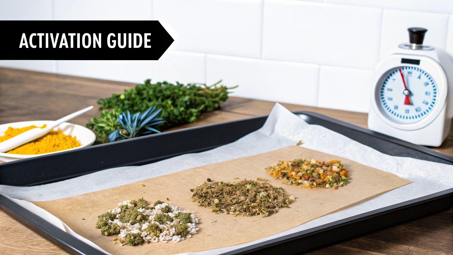 Ground plant materials on baking paper for activation, with a timer and herbs in a kitchen setting.