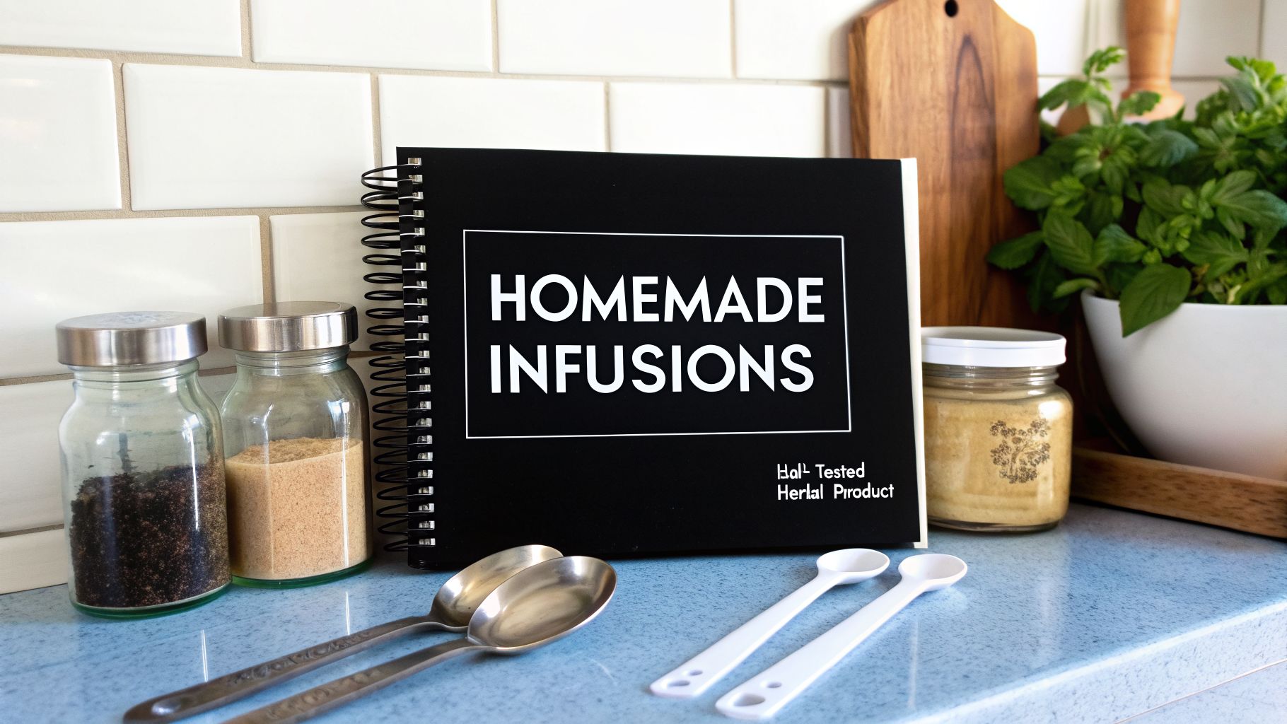 A black spiral notebook titled 'Homemade Infusions' on a kitchen counter with jars, spoons, and herbs.