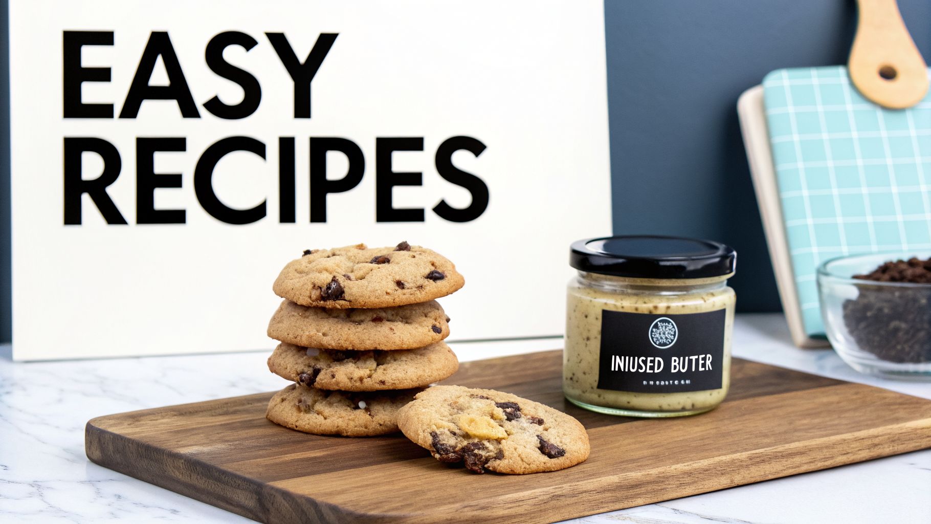 A stack of chocolate chip cookies on a wooden board next to a jar of infused butter and an 'Easy Recipes' sign.