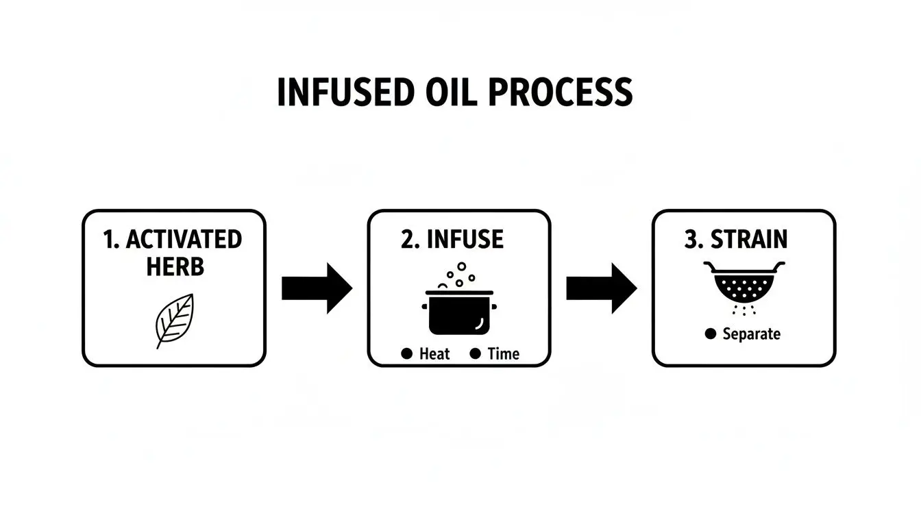 A three-step diagram illustrating the infused oil process, from activated herb to infusion and straining.