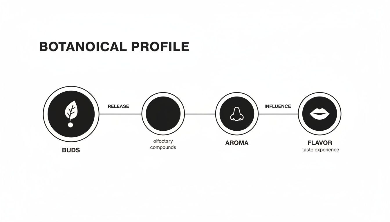 Diagram illustrating the botanical profile process from buds releasing olfactory compounds to aroma and resulting in flavor.