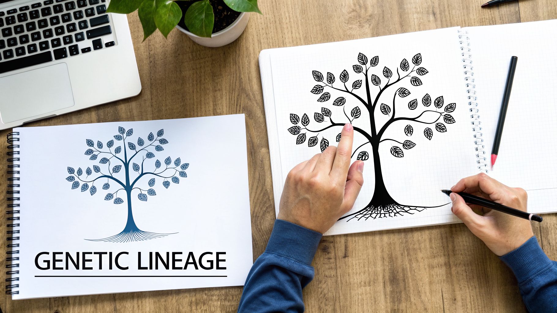 Hands illustrating a 'Genetic Lineage' family tree on open notebooks with a laptop and plant.
