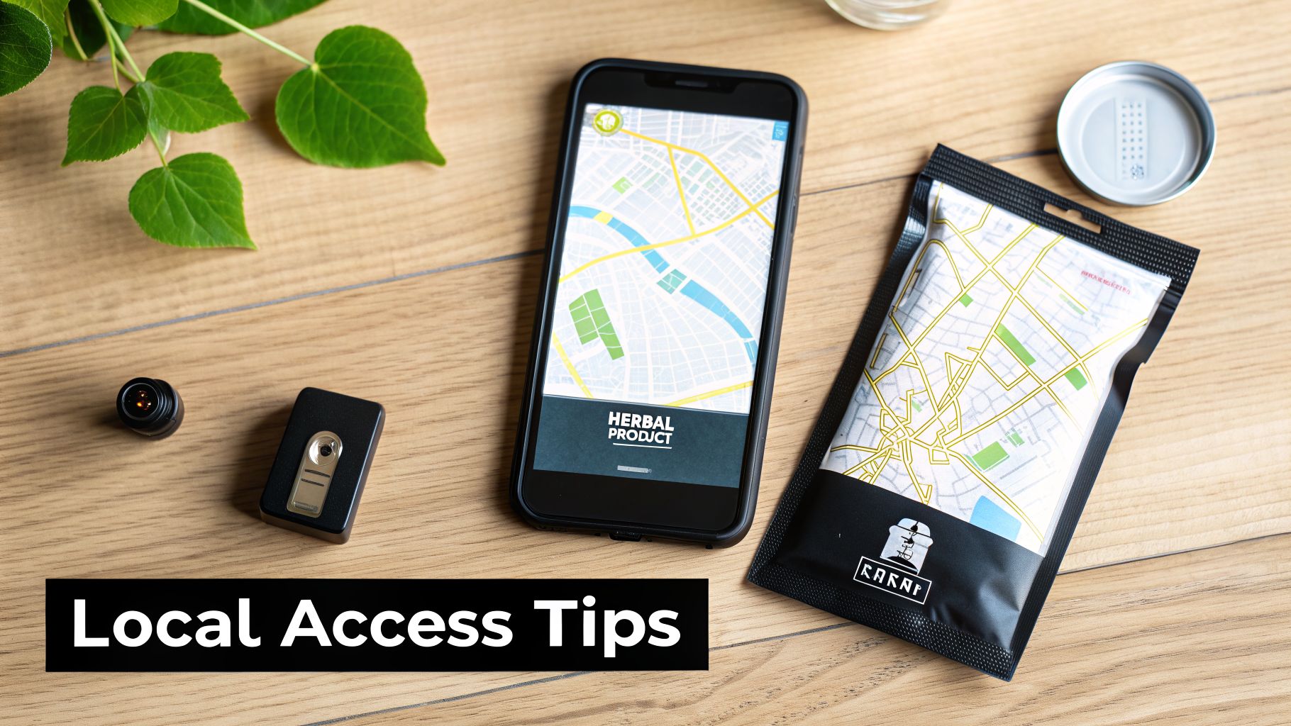 A smartphone showing a map and 'HERBAL PRODUCT', a map-designed pouch, and small gadgets on wood.