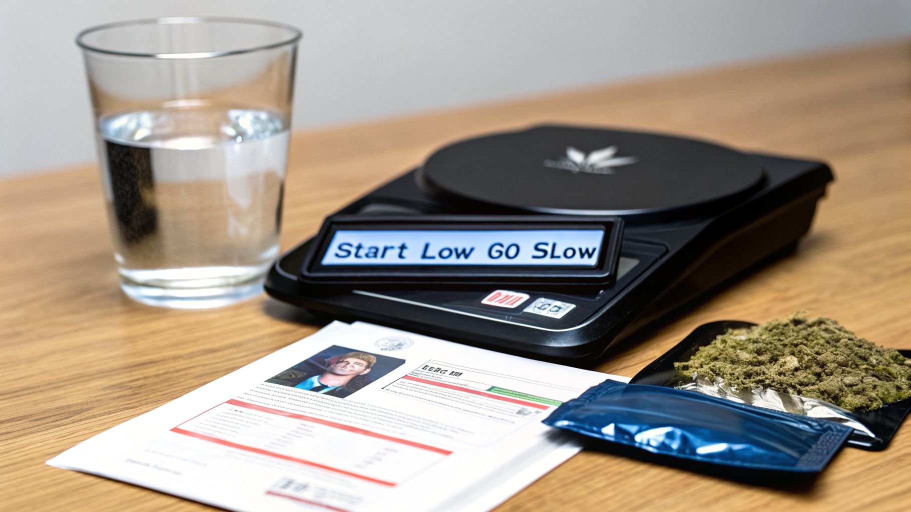 A digital scale displaying "Start Low GO Slow" with cannabis, a glass of water, and documents.