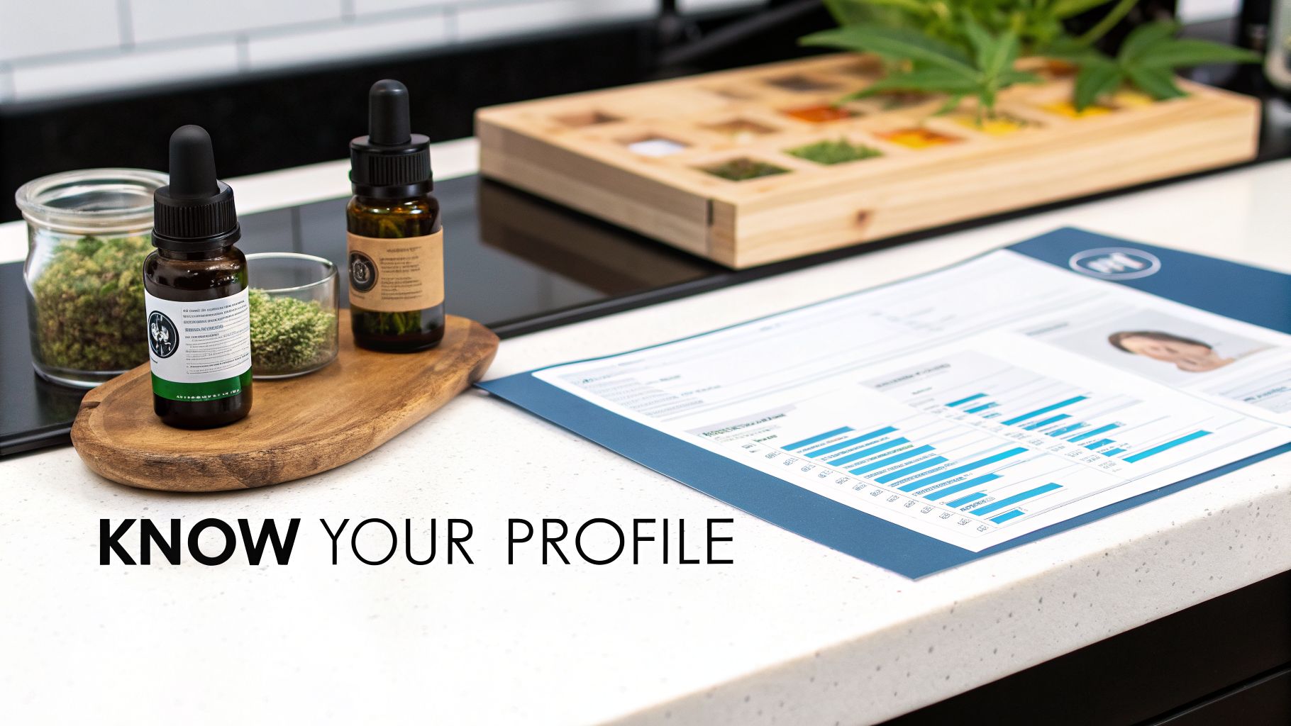 A kitchen counter with CBD oil bottles, jars of herbs, and a personal health profile document.