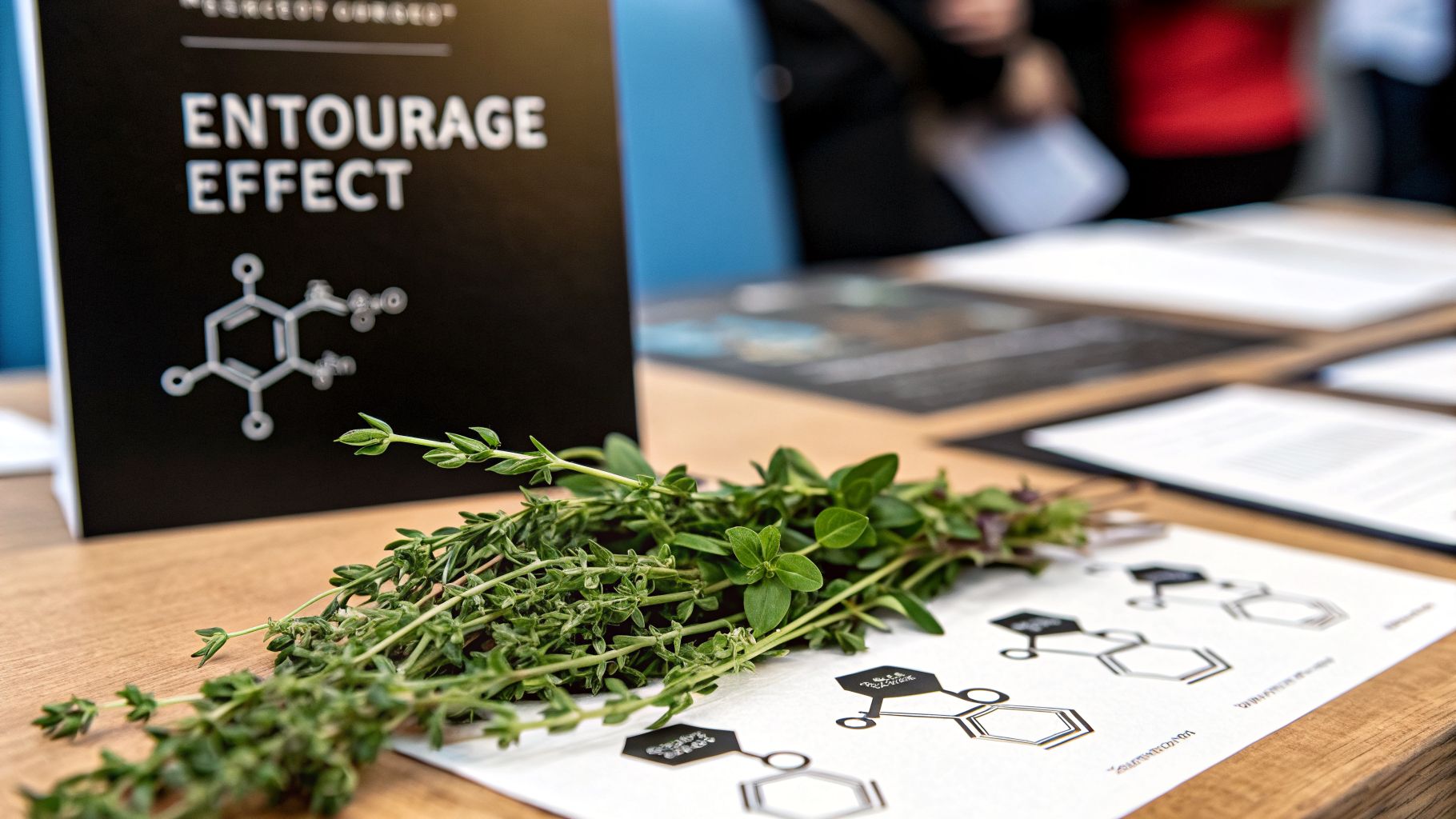 Fresh green herbs on a table with a sign mentioning 'ENTOURAGE EFFECT' and chemical structure diagrams.