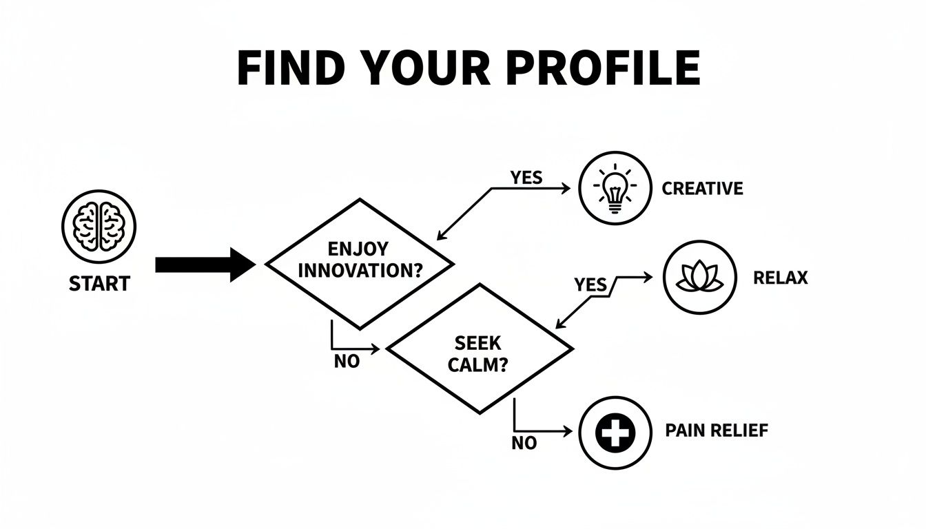 Flowchart titled "FIND YOUR PROFILE" guiding decisions to "CREATIVE," "RELAX," or "PAIN RELIEF" outcomes.