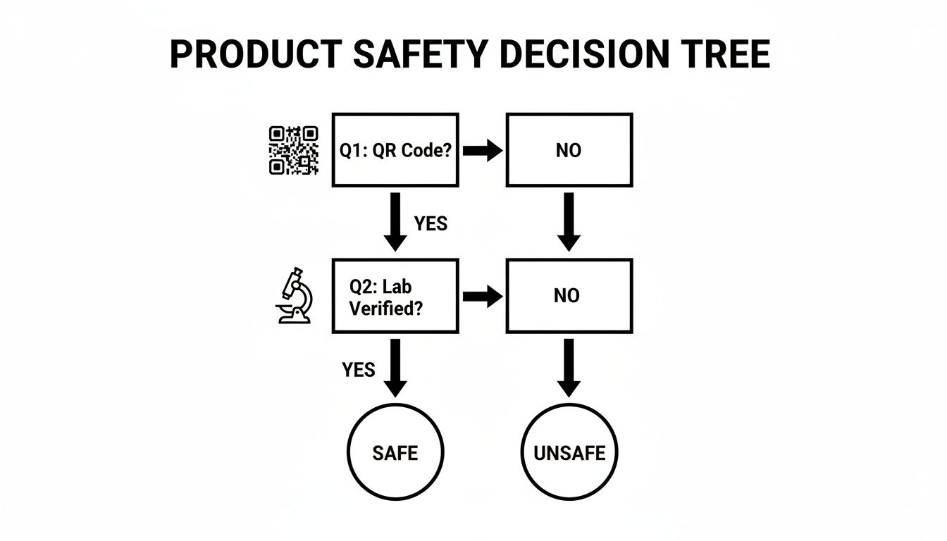 Flowchart illustrating a product safety decision tree based on QR code presence and lab verification, leading to safe or unsafe outcomes.