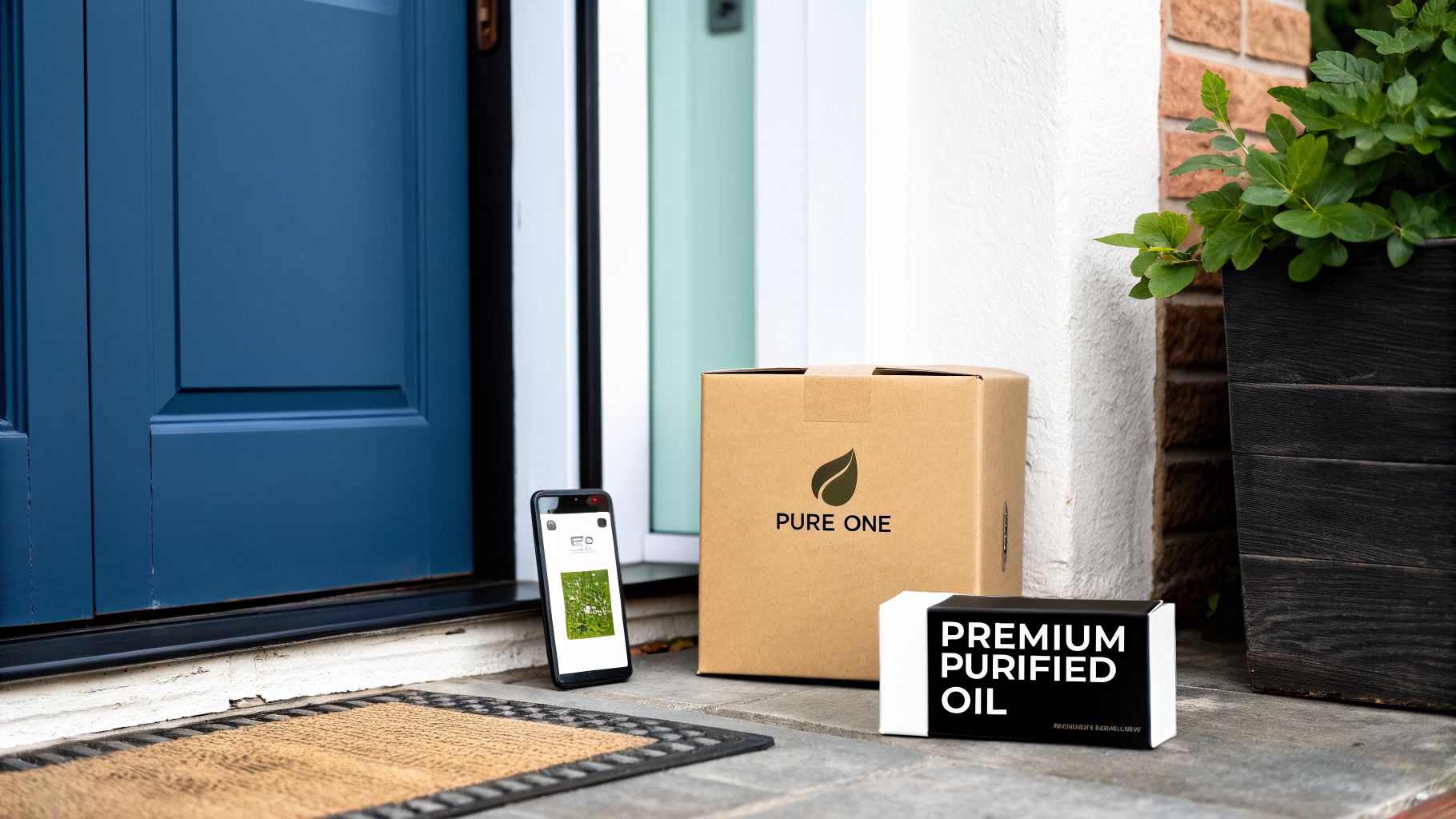 Two Pure One product packages, one large and one small, delivered to a doorstep.