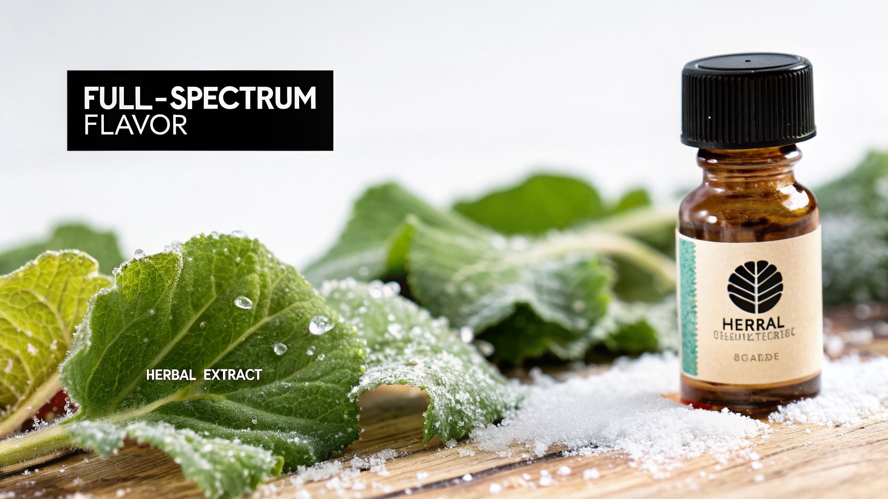 A small amber bottle of HERRAL herbal extract with green leaves and white sugar on a wooden surface, highlighting full-spectrum flavor.
