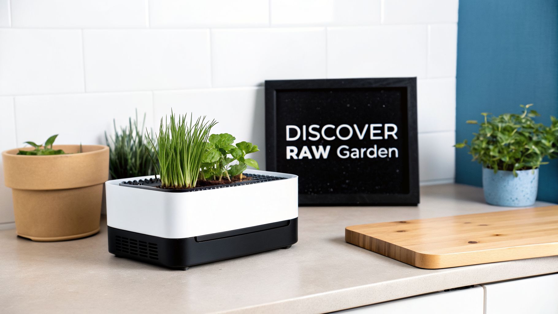 An indoor smart garden system on a kitchen counter with various green plants and a decorative sign.