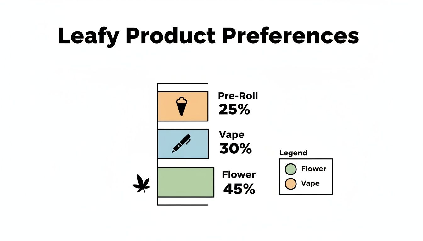 A bar chart showing leafy product preferences: Pre-Roll 25%, Vape 30%, and Flower 45%.