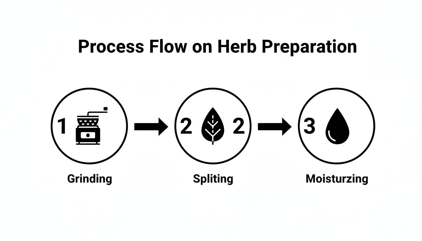 Process flow diagram illustrating three steps for herb preparation: grinding, splitting, and moisturizing.