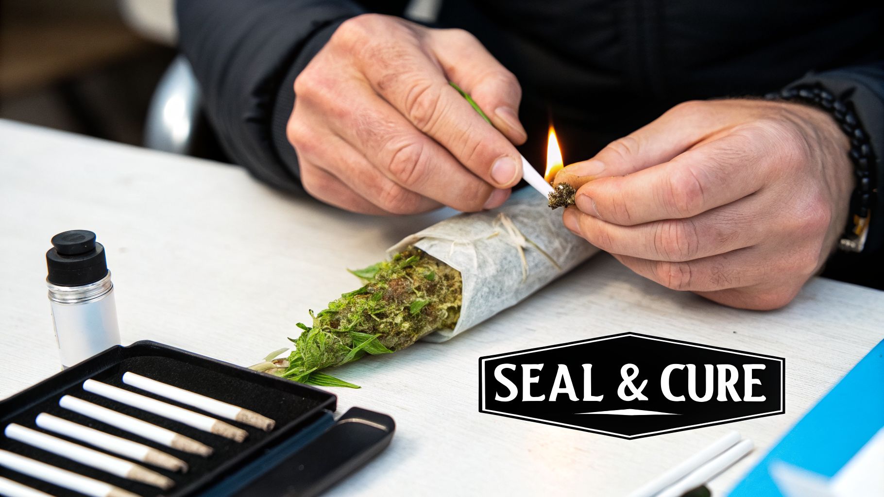Close-up of hands lighting a cannabis blunt, with a large marijuana bud and pre-rolls.