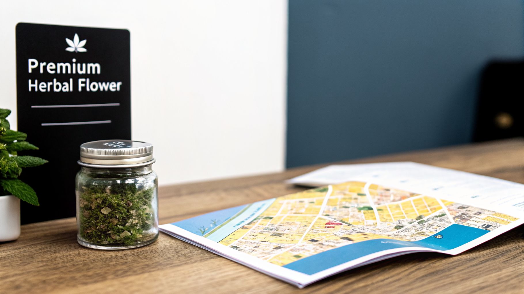 A glass jar of premium herbal flower on a wooden table next to a sign and a map.
