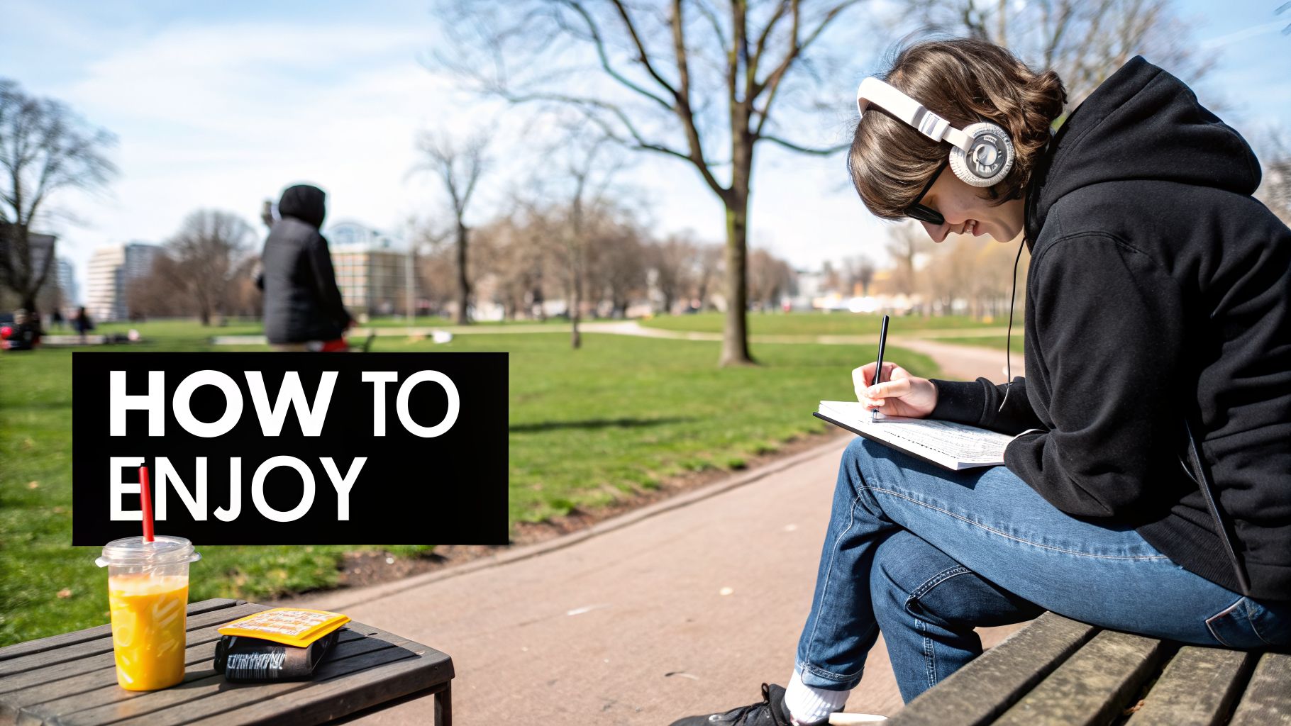 A person with headphones and sunglasses writes in a notebook on a park bench, with "HOW TO ENJOY" text.